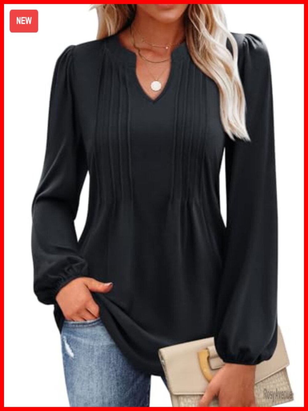 Women's V Neck Puff Long Sleeve Pleated Tunic Blouse Loose Fit